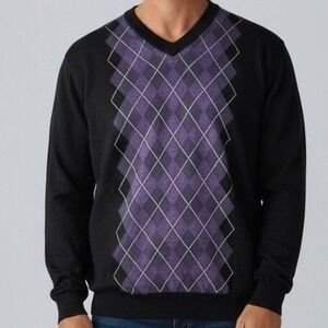 Tagio Mens XXL Black Argyle V Neck‎ 100% Extra Fine Merino Wool Sweater